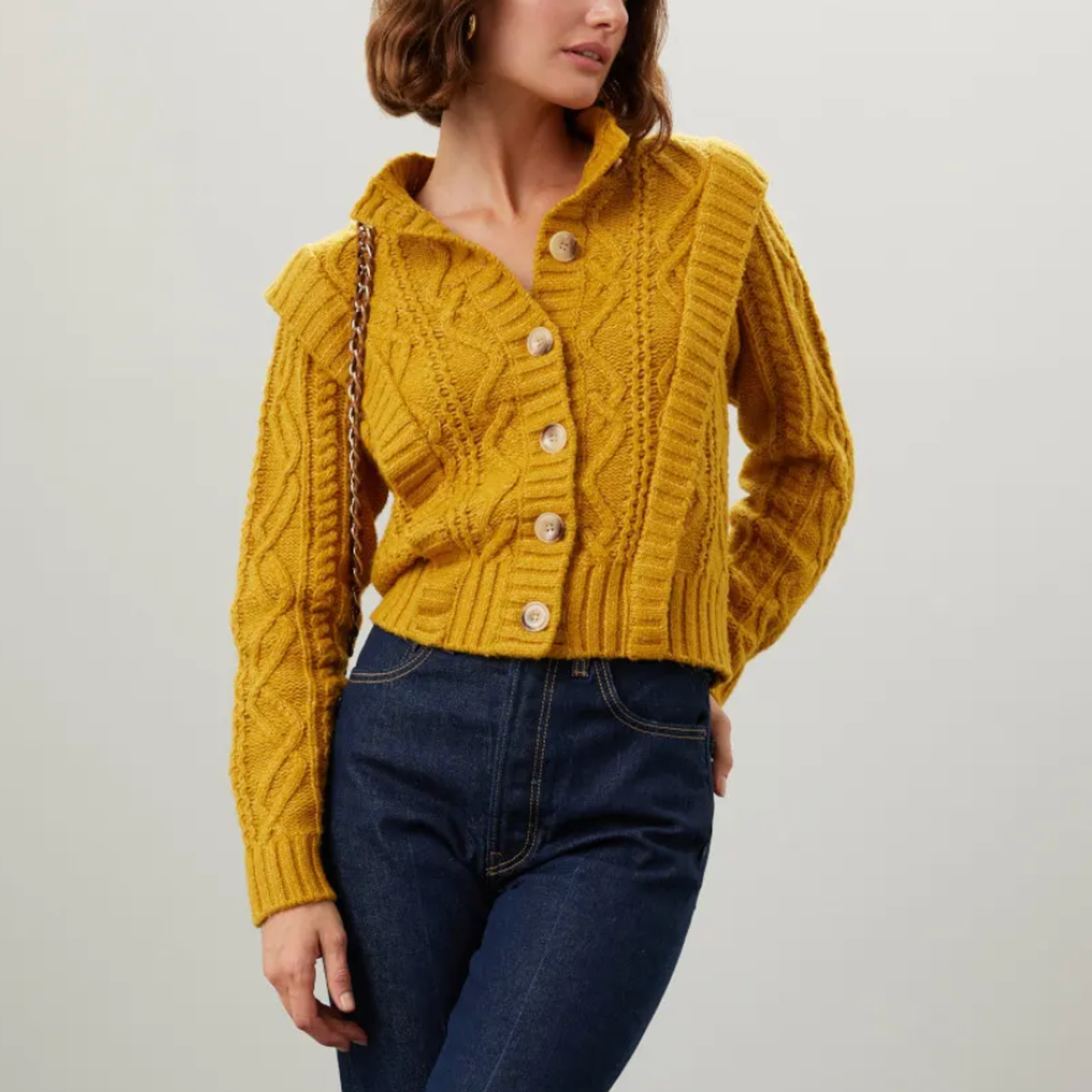Central Park West Mustard Cable Knit Cardigan Sweater Small Cottage Prairie $181